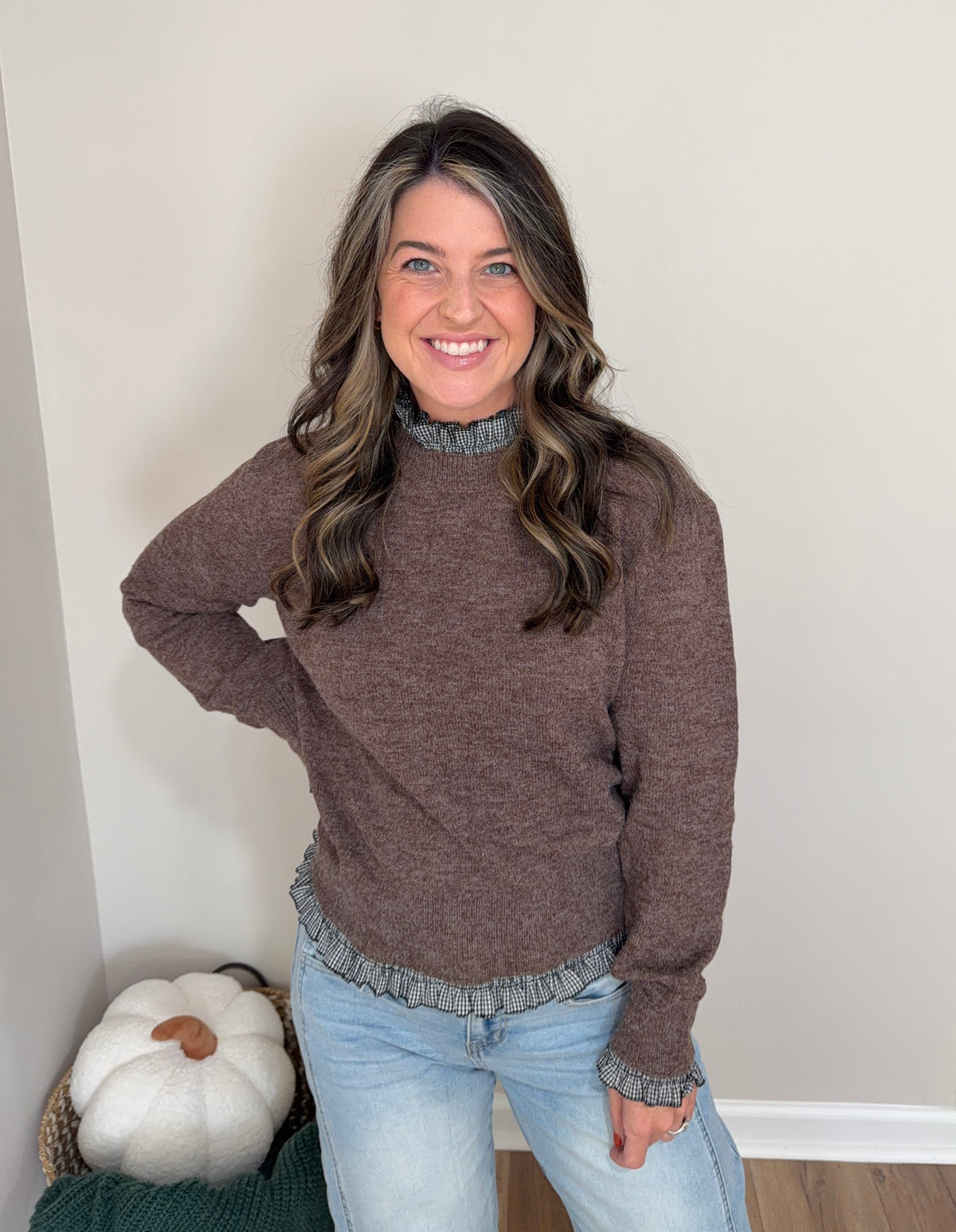 Gingham Ruffle Trim Sweater