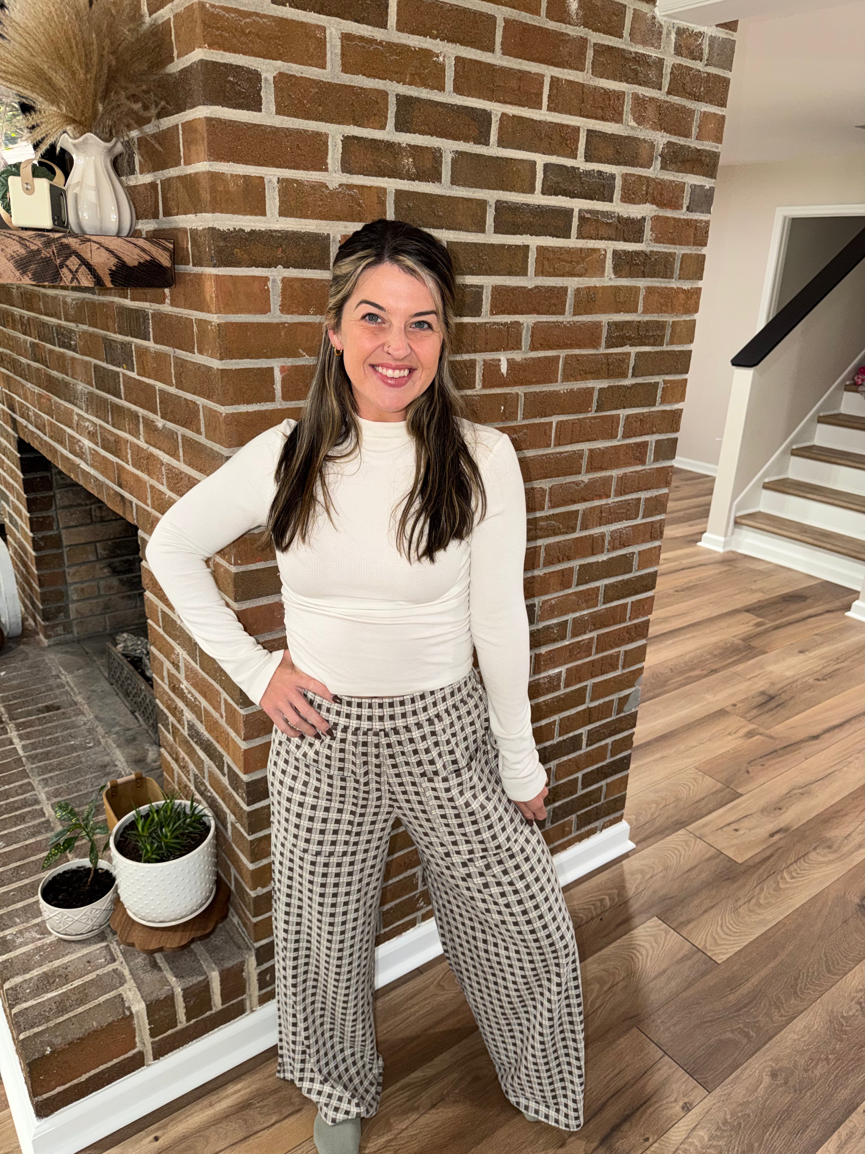 Plaid Elastic Waist Wide Leg Pants